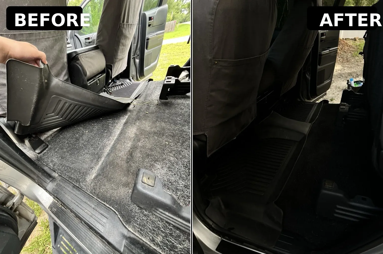 Pet Hair Before & After Car carpet shampooed to remove pet hair during mobile detailing in Citrus County, Florida