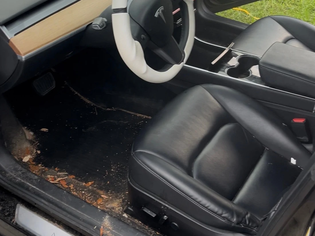 Tesla interior carpet covered in dirt and debris before deep cleaning in Citrus County, Florida